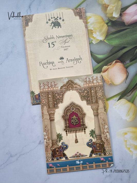Ganesh Ji Hathi Jharokha Hindu Jain invitation Cards CR-472 – image 1