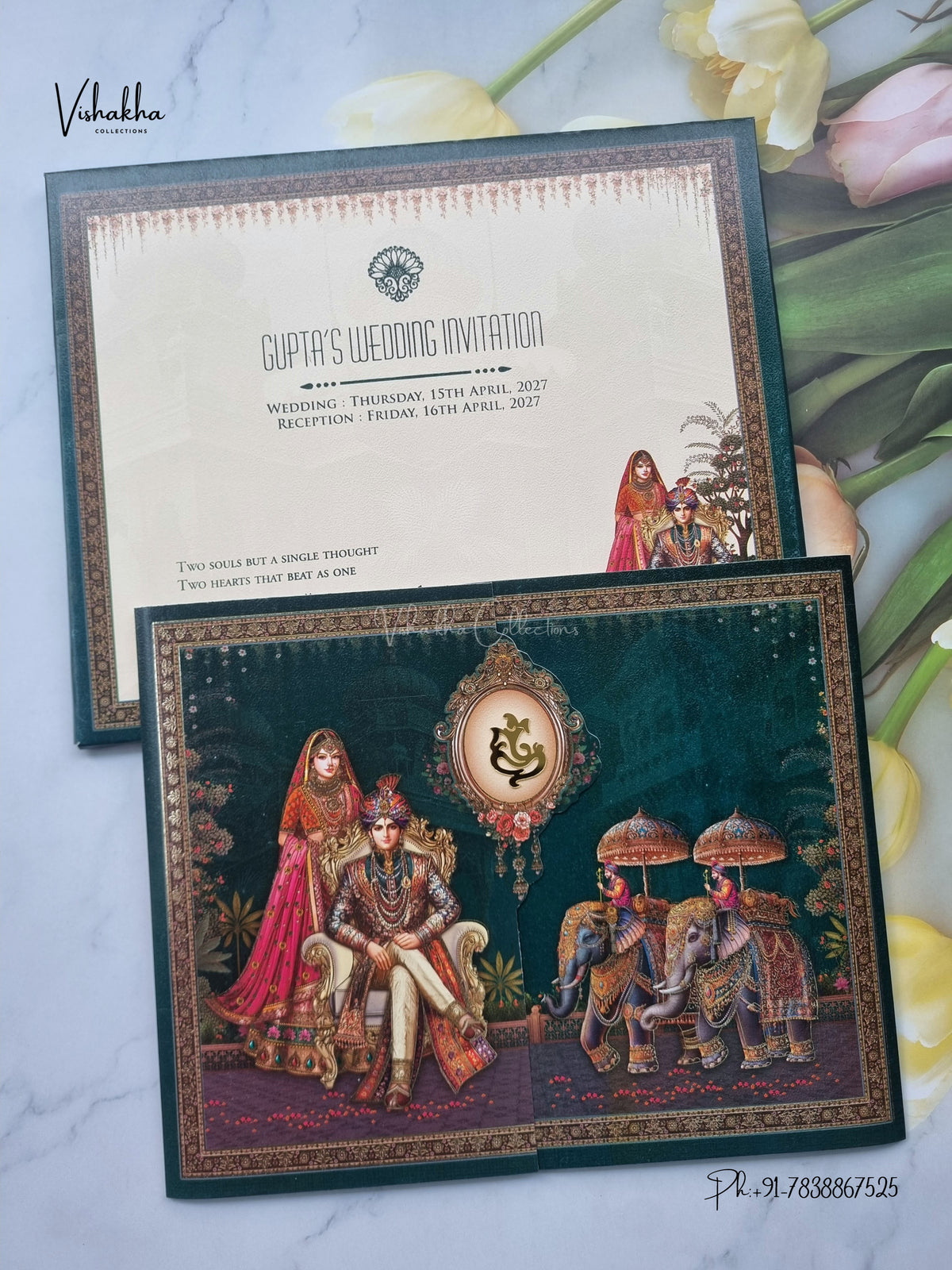 Double Door Ganesh Ji Dulah Dulhan Hathi Hindu Jain invitation Cards CR-474 – image 1