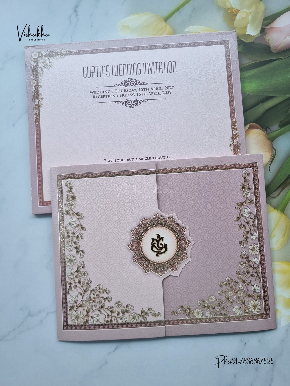 Acrylic Double Door Ganesh Ji Flower Hindu Jain invitation Cards CR-476 – image 1