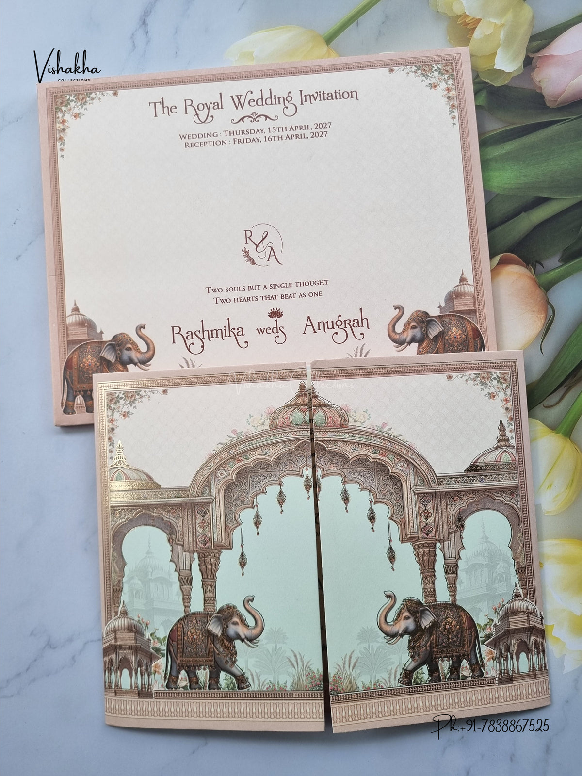 Double Door Raj Mahal Hathi Hindu Muslim Christian Sikh Jain invitation Cards CR-477 – image 1