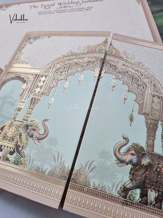 Double Door Raj Mahal Hathi Hindu Muslim Christian Sikh Jain invitation Cards CR-477 – image 2