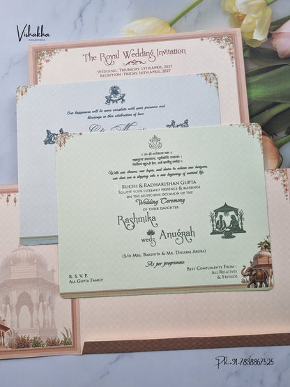 Double Door Raj Mahal Hathi Hindu Muslim Christian Sikh Jain invitation Cards CR-477 – image 3