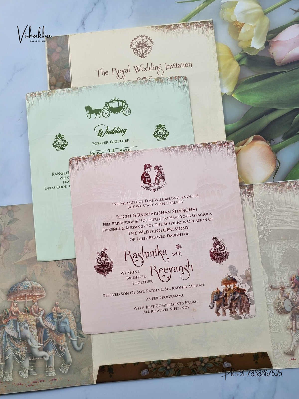 Acrylic Double Door Ganesh Ji Dulah Dulhan Hathi Hindu Jain invitation Cards CR-478 – image 3