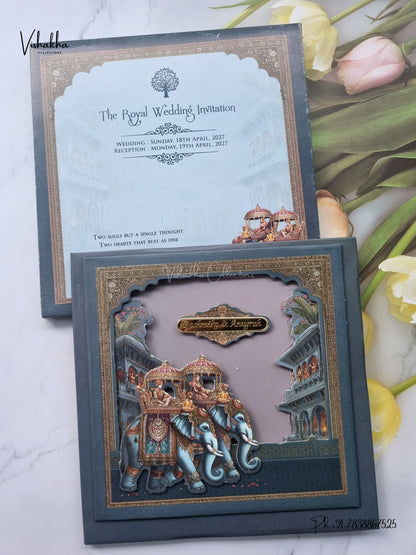 Semi Box Laser Cut Hathi Raj Mahal 3D Pop Up Hindu Muslim Christian Sikh Jain invitation Cards CR-480 – image 1