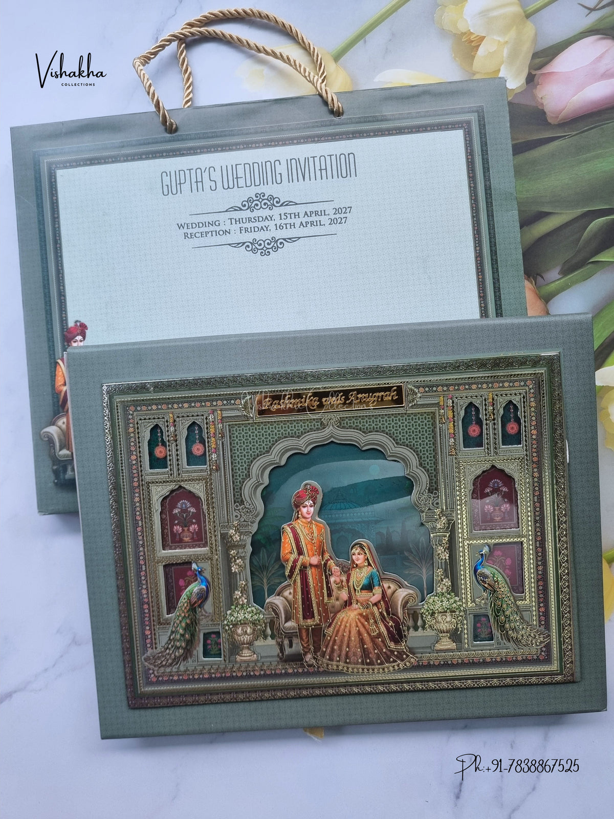 Semi Box Acrylic Carry Bag Dulah Dulhan Jharokha Peacock Hindu Sikh Jain invitation Cards CR-483 – image 1