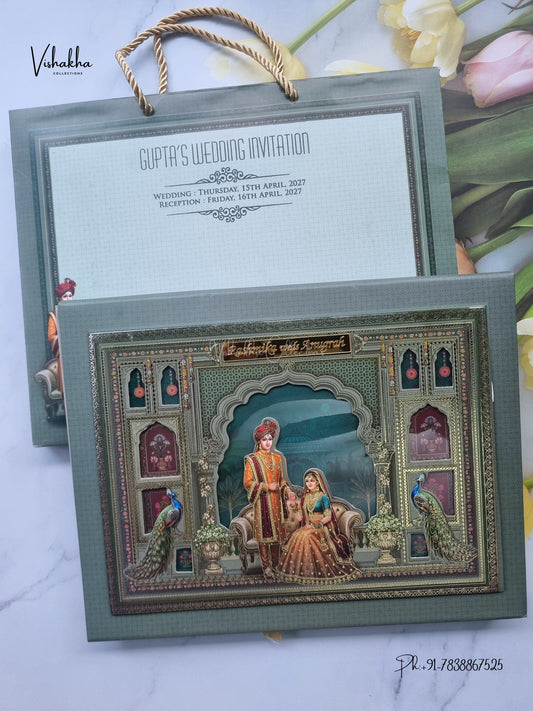 Semi Box Acrylic Carry Bag Dulah Dulhan Jharokha Peacock Hindu Sikh Jain invitation Cards CR-483 – image 1