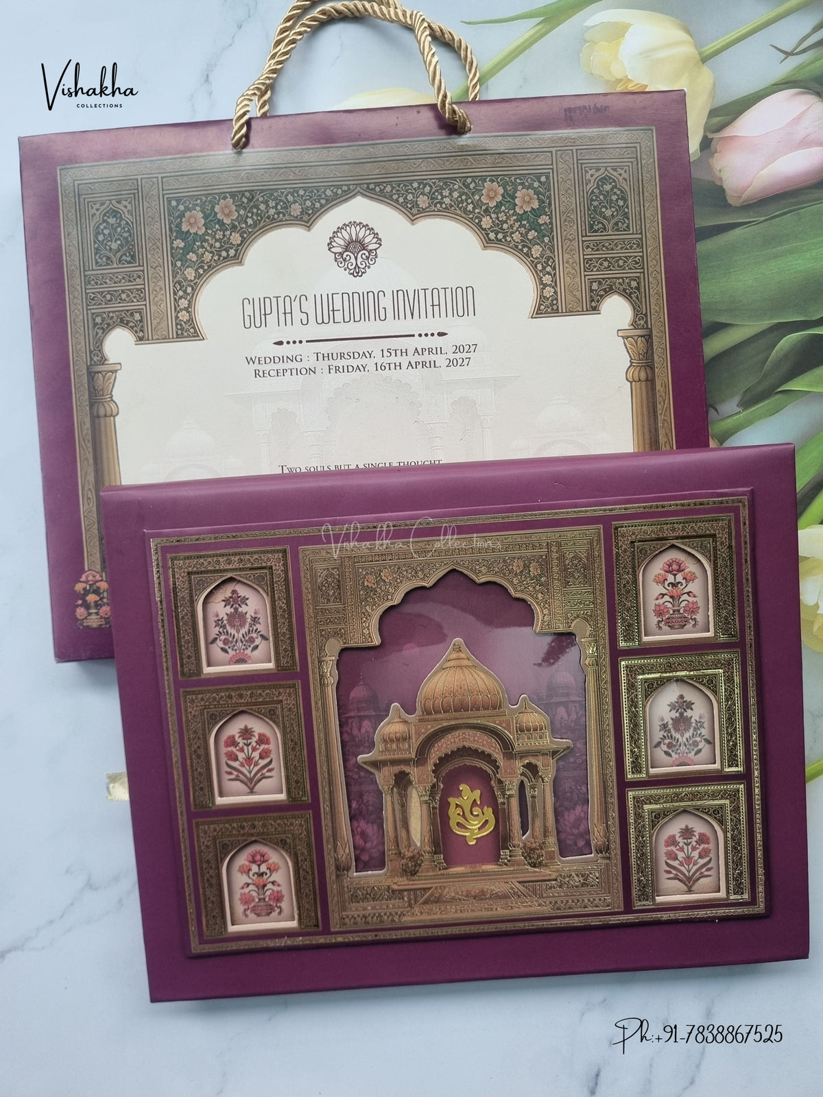 Semi Box Acrylic Carry Bag Ganesh Ji Temple Jharokha Hindu Jain invitation Cards CR-484 – image 1