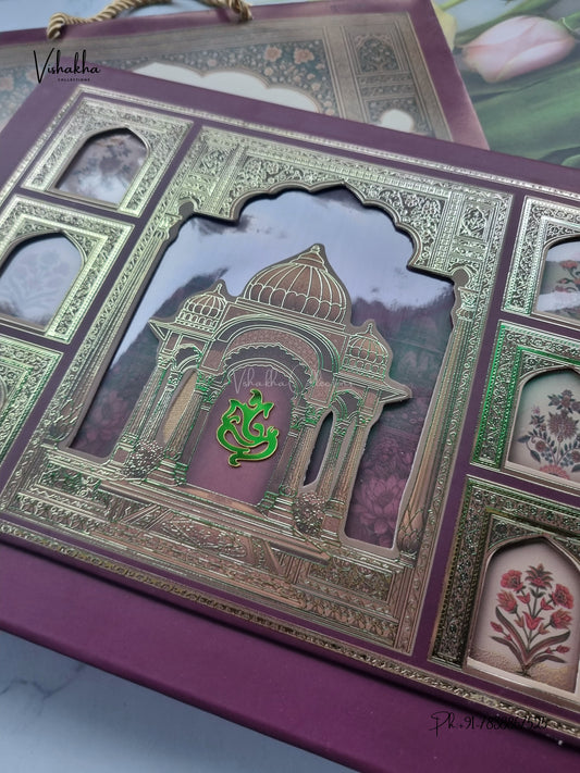 Semi Box Acrylic Carry Bag Ganesh Ji Temple Jharokha Hindu Jain invitation Cards CR-484 – image 2