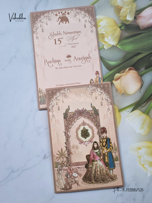 Ganesh Ji Dulah Dulhan Peacock Hindu Jain invitation Cards CR-485 – image 1