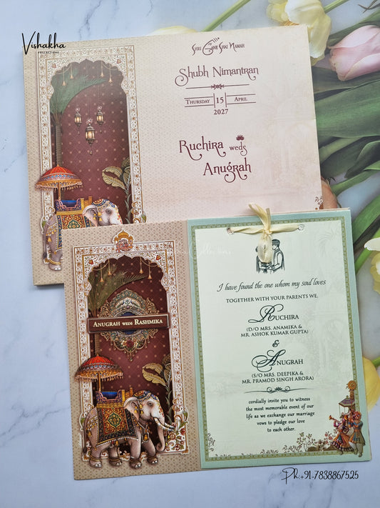 Acrylic Ribbon Hathi Jharokha Hindu Muslim Christian Sikh Jain invitation Cards CR-492 – image 1