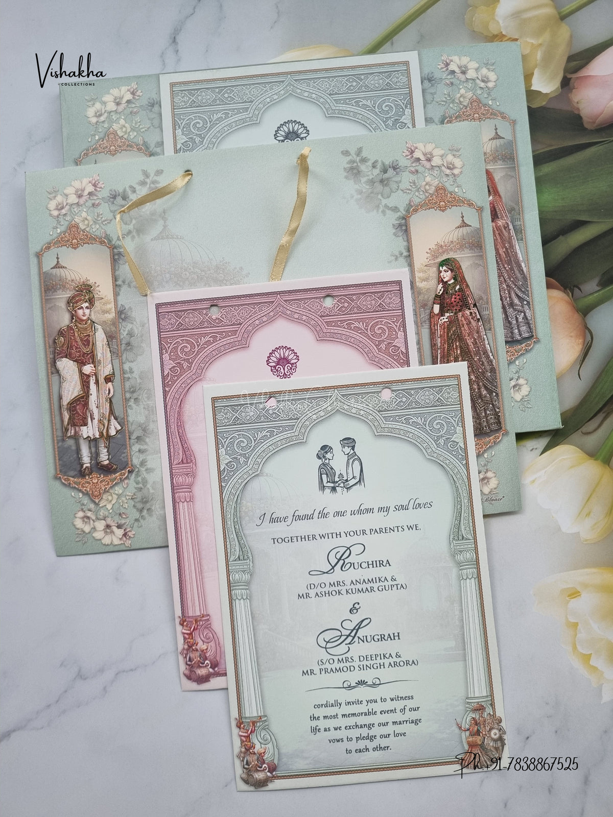 Ribbon Dulah Dulhan Flower Hindu Sikh Jain invitation Cards CR-493 – image 3