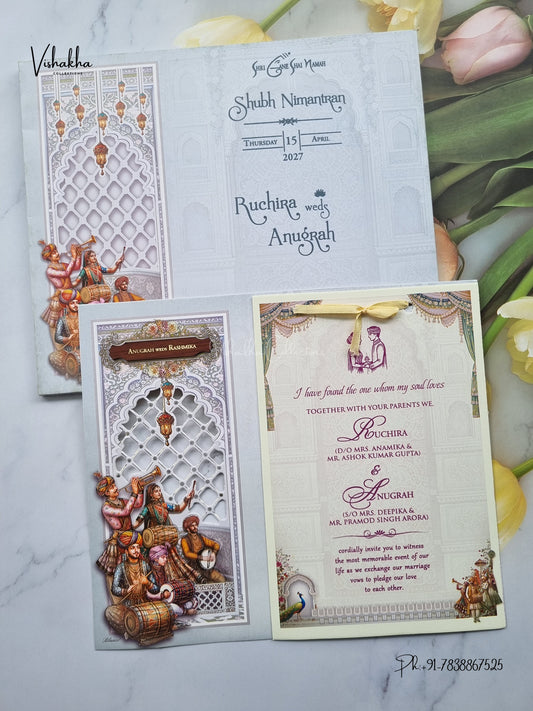Laser Cut Acrylic Ribbon Jaali Jharokha Hindu Muslim Christian Sikh Jain invitation Cards CR-494 – image 1