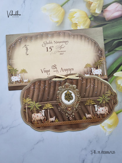 Ribbon Ganesh Ji Kamdhenu Cow Banana Tree Hindu Jain invitation Cards CR-496 – image 1