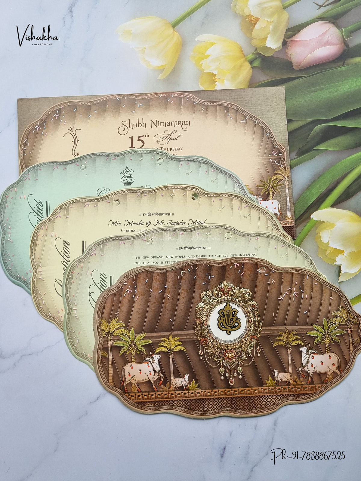 Ribbon Ganesh Ji Kamdhenu Cow Banana Tree Hindu Jain invitation Cards CR-496 – image 3