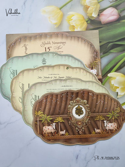 Ribbon Ganesh Ji Kamdhenu Cow Banana Tree Hindu Jain invitation Cards CR-496 – image 3