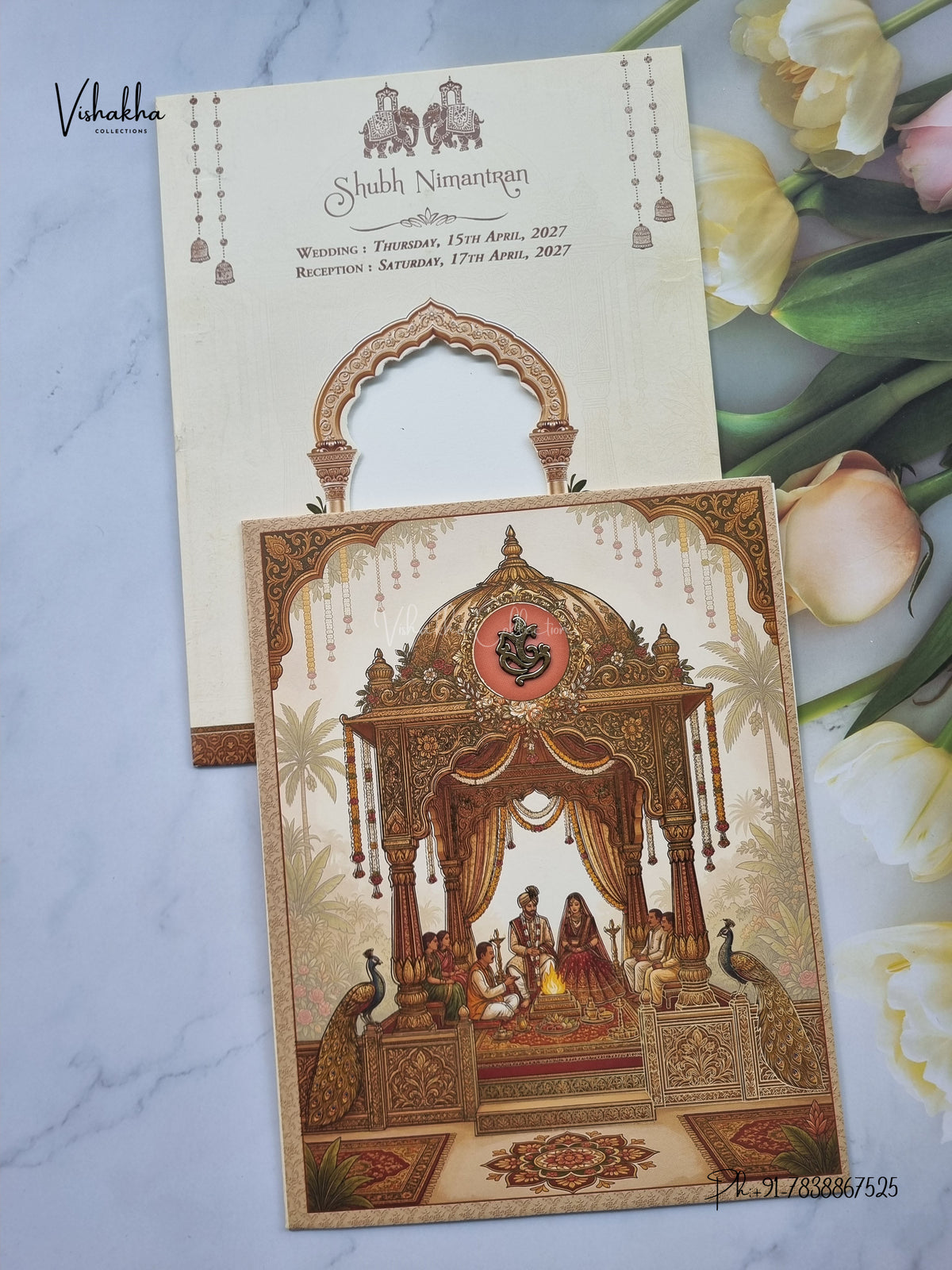 Ganesh Ji Dulah Dulhan Peacock Hindu Jain invitation Cards CR-498 – image 1