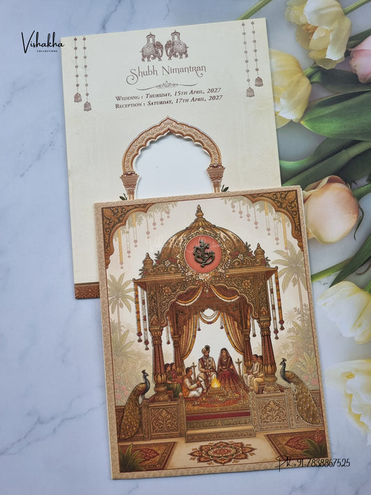 Ganesh Ji Dulah Dulhan Peacock Hindu Jain invitation Cards CR-498 – image 1