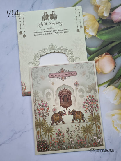 Hathi Jharokha Banana Tree Hindu Muslim Christian Sikh Jain invitation Cards CR-499 – image 1