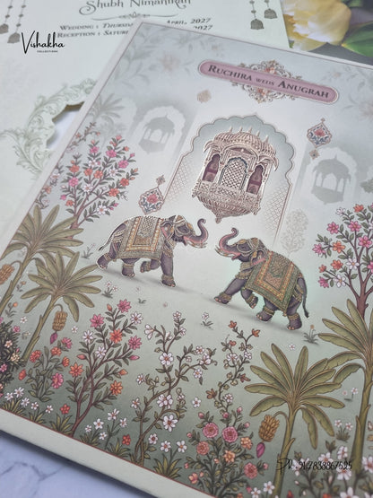 Hathi Jharokha Banana Tree Hindu Muslim Christian Sikh Jain invitation Cards CR-499 – image 2
