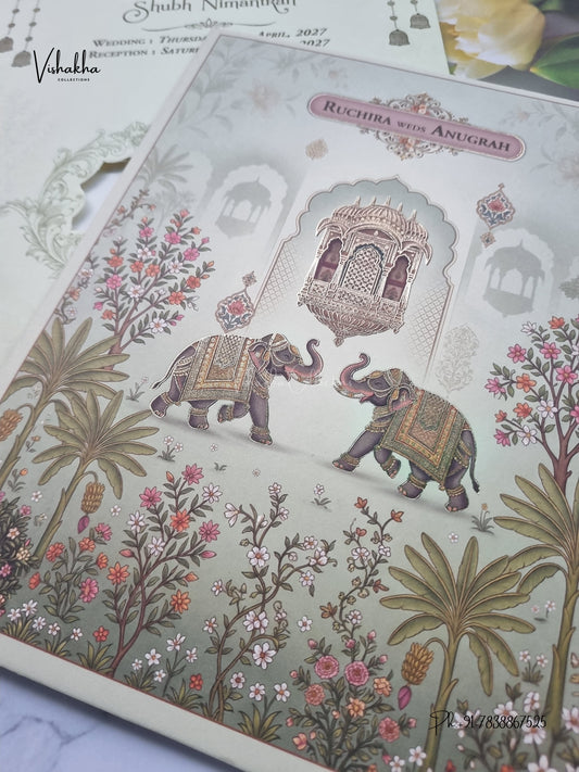 Hathi Jharokha Banana Tree Hindu Muslim Christian Sikh Jain invitation Cards CR-499 – image 2