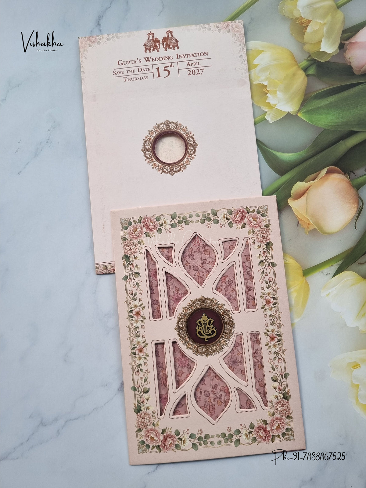 Laser Cut Ganesh Ji Geometric Flower Hindu Jain invitation Cards CR-501 – image 1