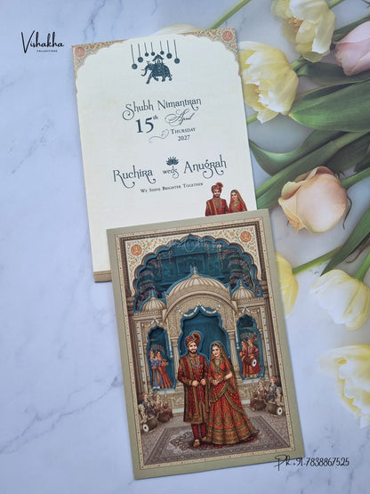 Dulah Dulhan Raj Mahal Jharokha Hindu Sikh Jain invitation Cards CR-502 – image 1