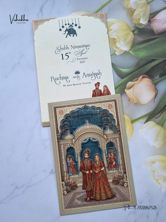 Dulah Dulhan Raj Mahal Jharokha Hindu Sikh Jain invitation Cards CR-502 – image 1