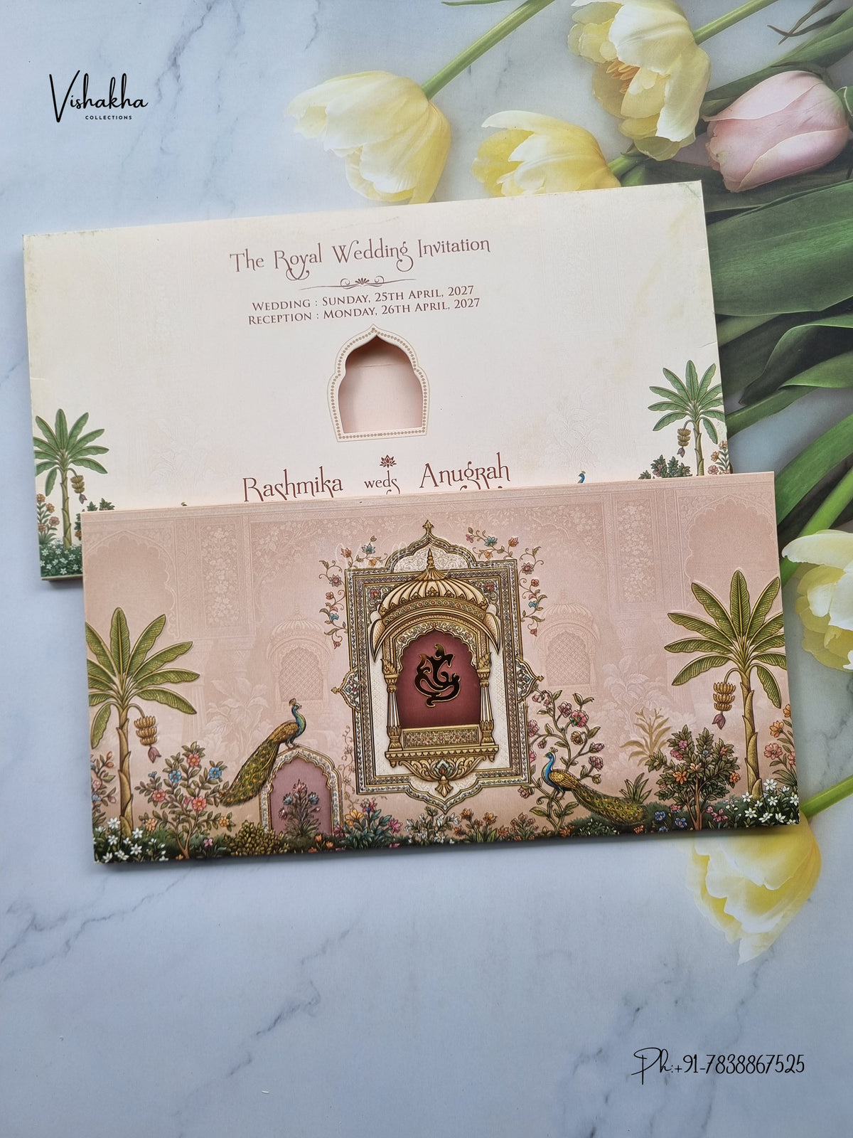 Acrylic Ganesh Ji Jharokha Peacock Hindu Jain invitation Cards CR-503 – image 1
