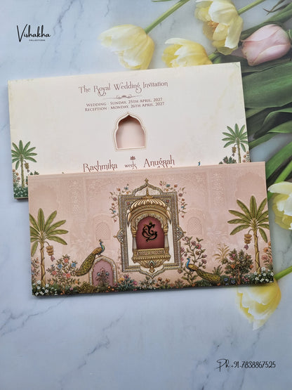 Acrylic Ganesh Ji Jharokha Peacock Hindu Jain invitation Cards CR-503 – image 1