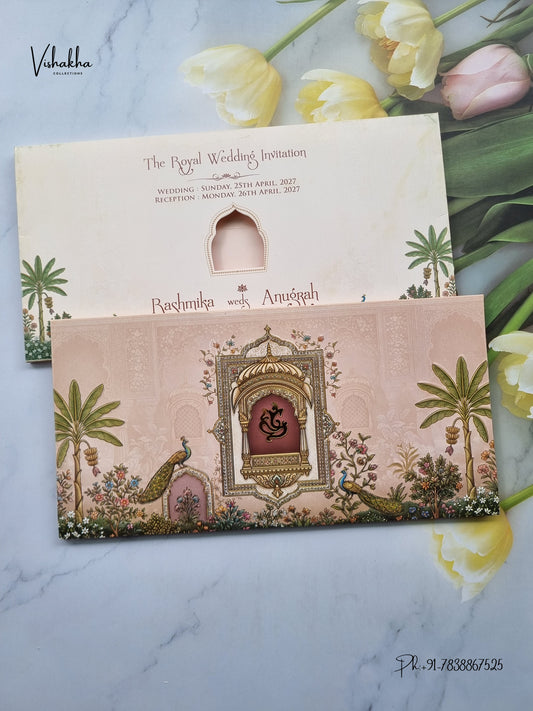 Acrylic Ganesh Ji Jharokha Peacock Hindu Jain invitation Cards CR-503 – image 1
