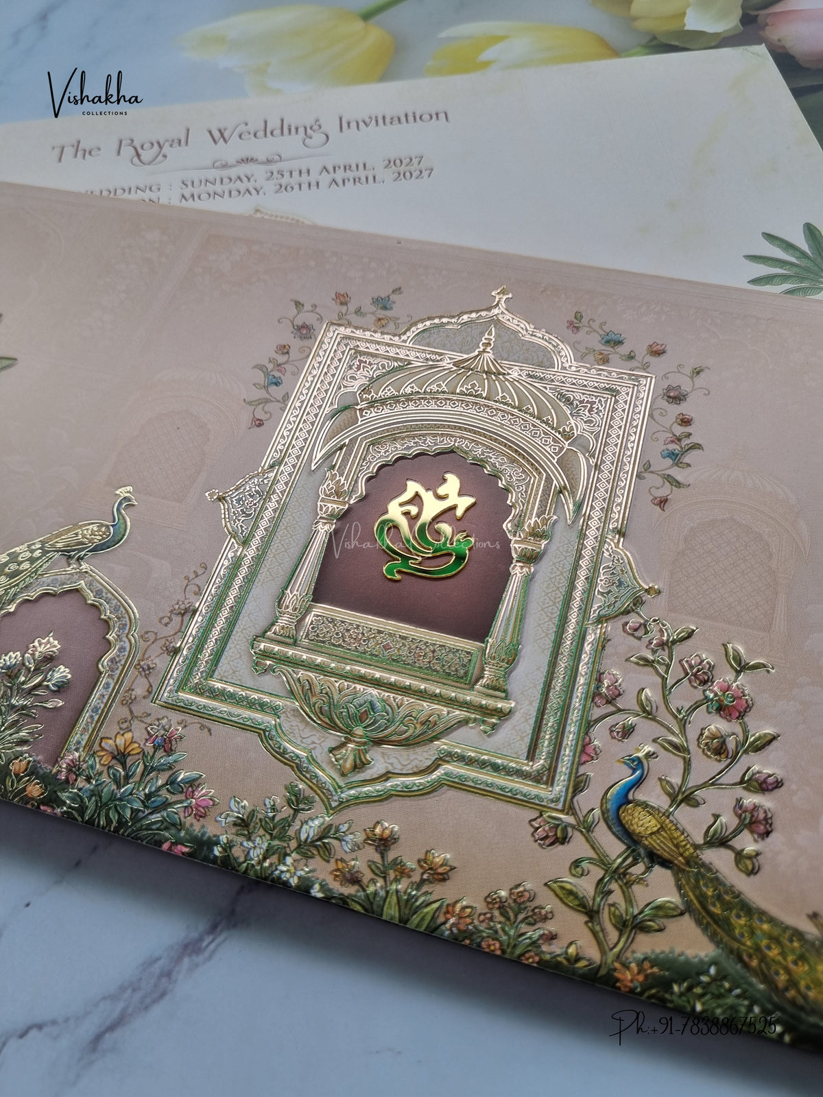 Acrylic Ganesh Ji Jharokha Peacock Hindu Jain invitation Cards CR-503 – image 2