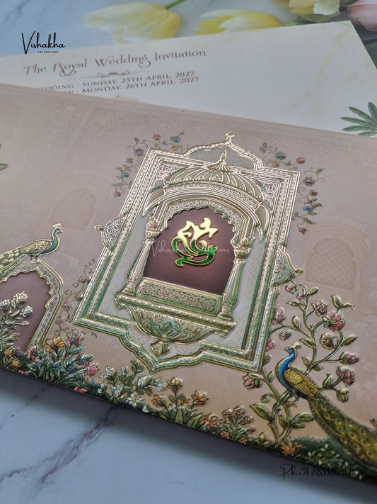 Acrylic Ganesh Ji Jharokha Peacock Hindu Jain invitation Cards CR-503 – image 2