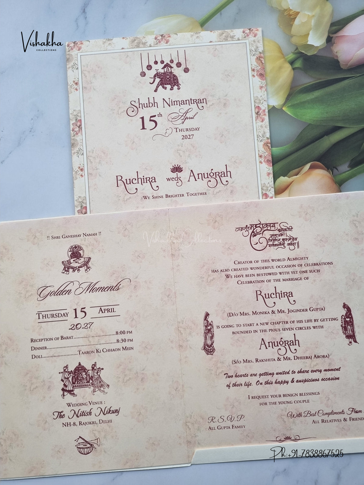 Ganesh Ji Rose Flower Hindu Jain invitation Cards CR-524 – image 3