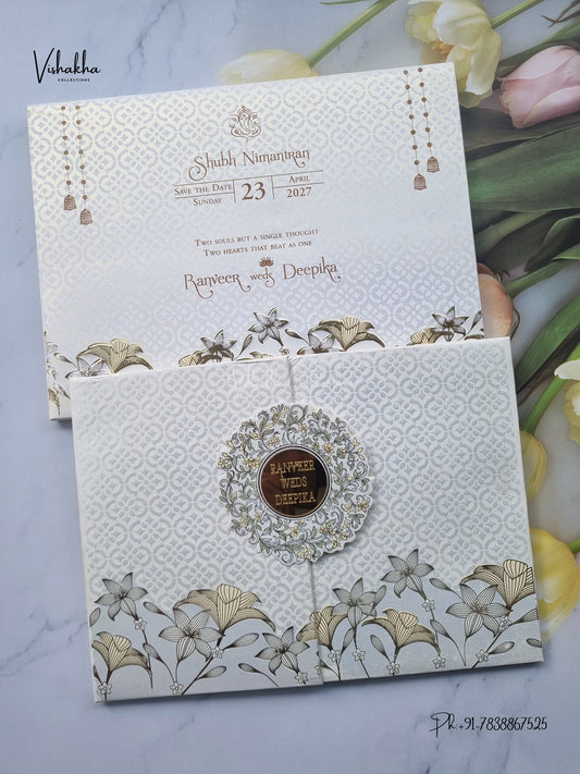 Semi Box Acrylic Double Door Flower Geometric Hindu Muslim Christian Sikh Jain invitation Cards CR-555C – image 1
