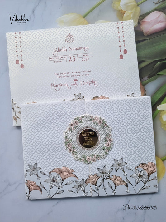 Semi Box Acrylic Double Door Flower Geometric Hindu Muslim Christian Sikh Jain invitation Cards CR-555G – image 1