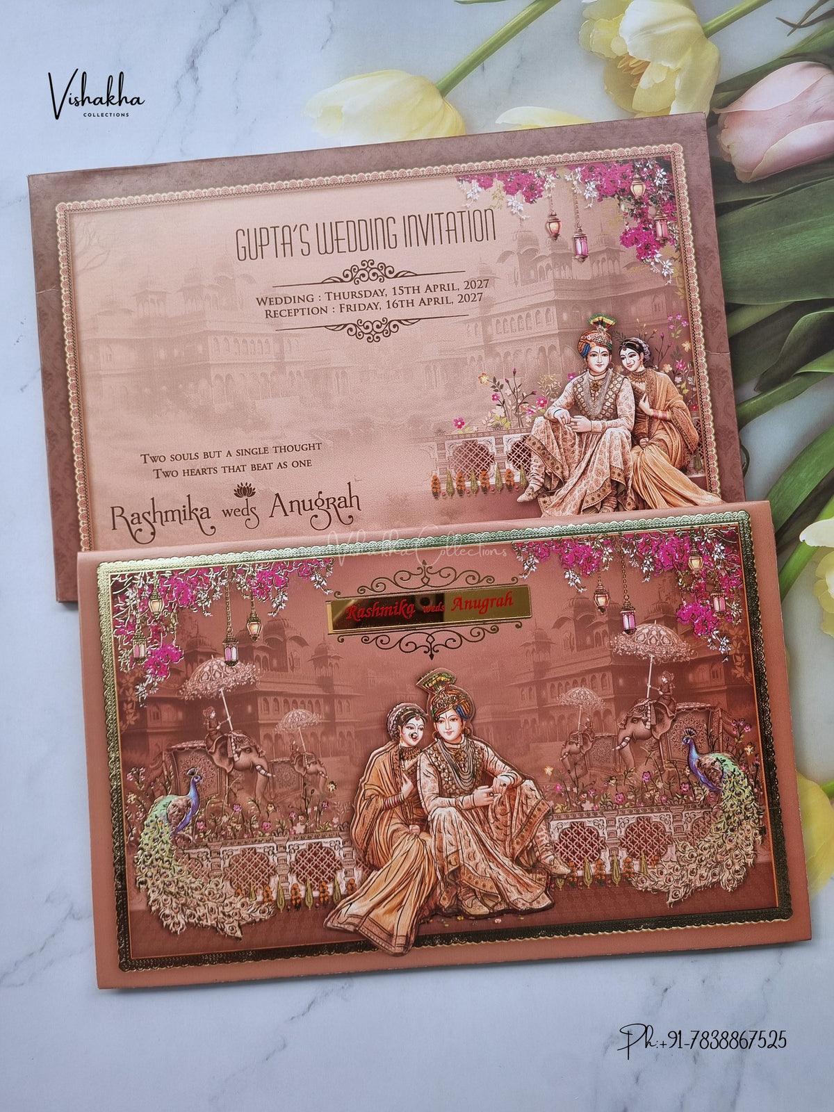 Dulah Dulhan Raj Mahal Peacock Hindu Sikh Jain invitation Cards CR-7072 – image 1