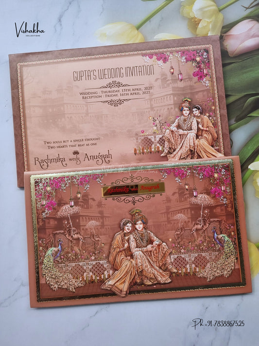 Dulah Dulhan Raj Mahal Peacock Hindu Sikh Jain invitation Cards CR-7072 – image 1