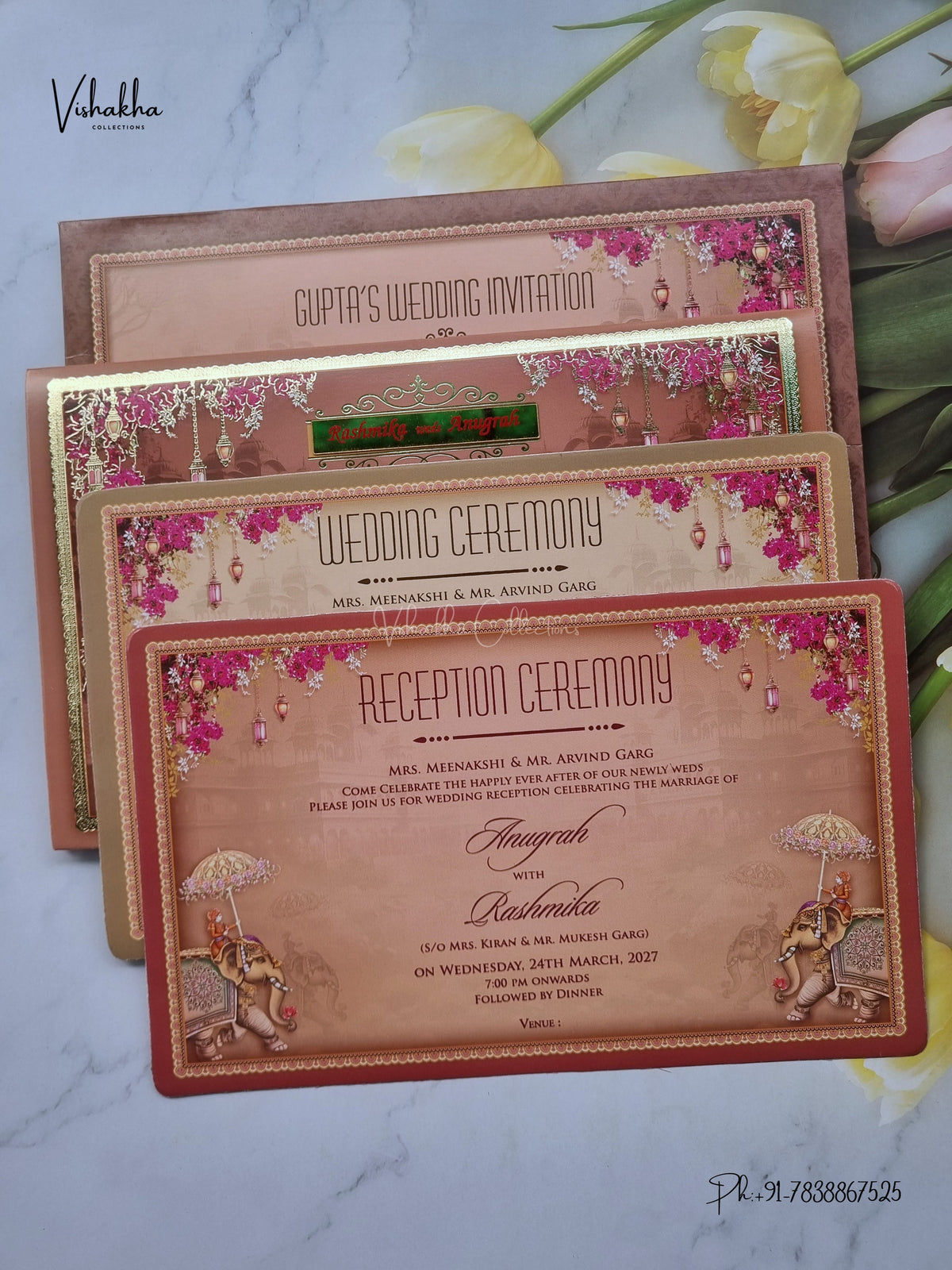 Dulah Dulhan Raj Mahal Peacock Hindu Sikh Jain invitation Cards CR-7072 – image 3