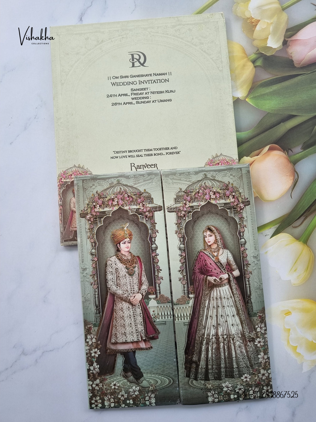 Semi Box Double Door Dulah Dulhan Flower Jharokha Hindu Sikh Jain invitation Cards CR-7093 – image 1