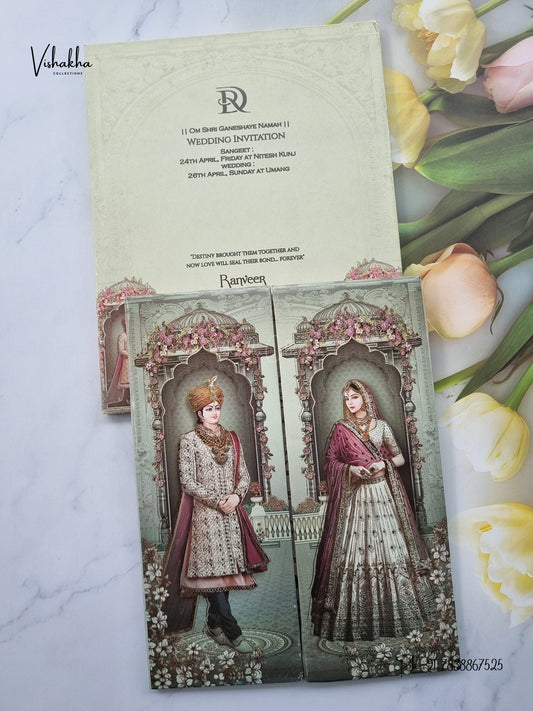 Semi Box Double Door Dulah Dulhan Flower Jharokha Hindu Sikh Jain invitation Cards CR-7093 – image 1