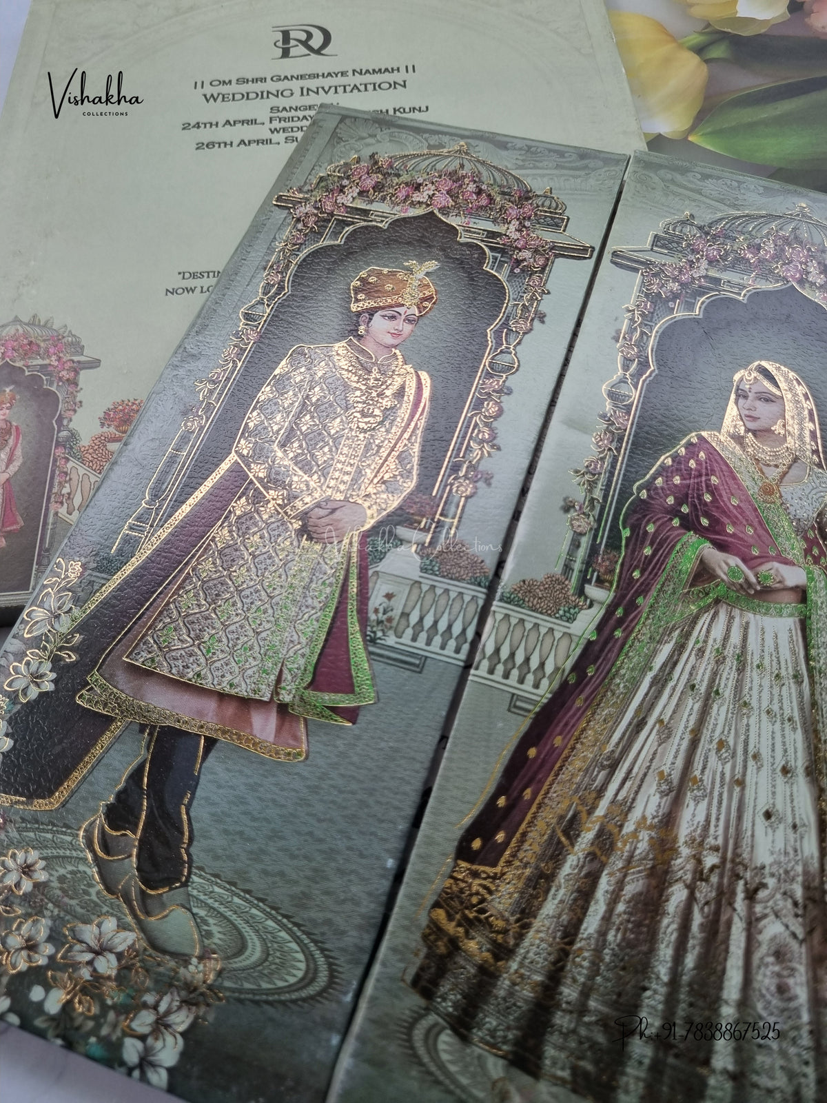 Semi Box Double Door Dulah Dulhan Flower Jharokha Hindu Sikh Jain invitation Cards CR-7093 – image 2
