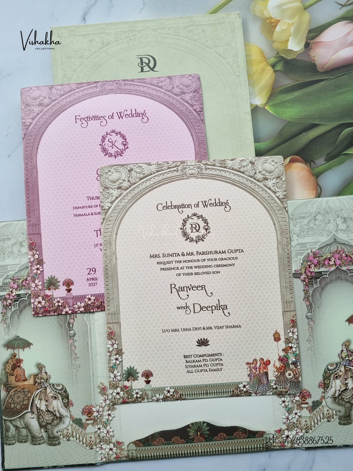 Semi Box Double Door Dulah Dulhan Flower Jharokha Hindu Sikh Jain invitation Cards CR-7093 – image 3