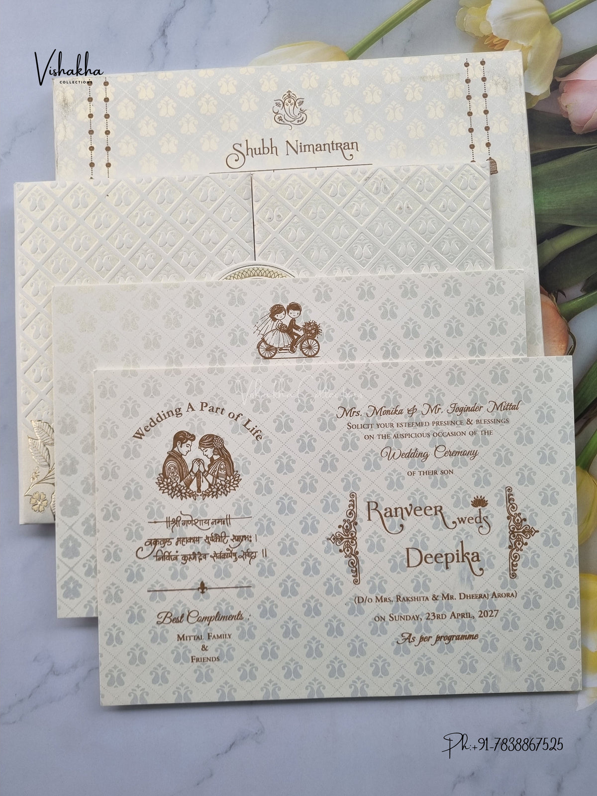 Semi Box Acrylic Double Door Ganesh Ji Flower Hindu Jain invitation Cards CR-710 – image 3
