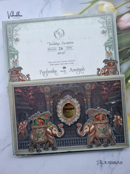 Semi Box Acrylic Hathi Dulah Dulhan Raj Mahal Hindu Sikh Jain invitation Cards CR-8003 – image 1