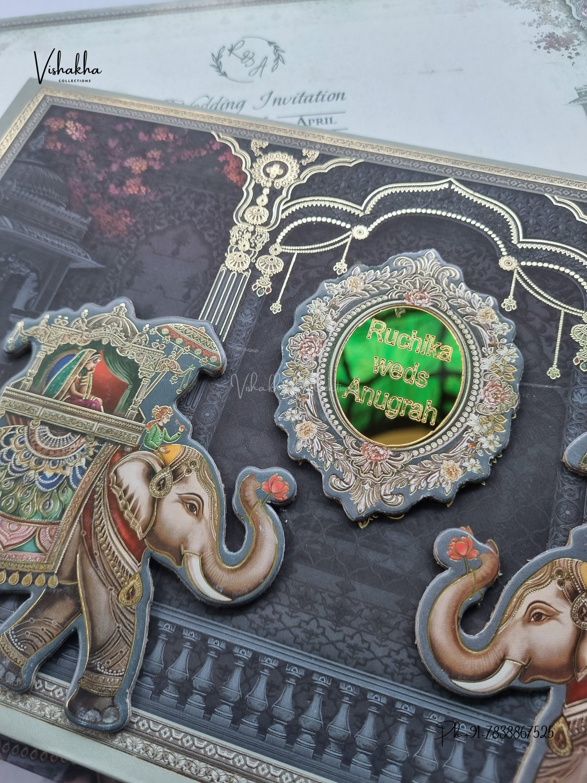 Semi Box Acrylic Hathi Dulah Dulhan Raj Mahal Hindu Sikh Jain invitation Cards CR-8003 – image 2