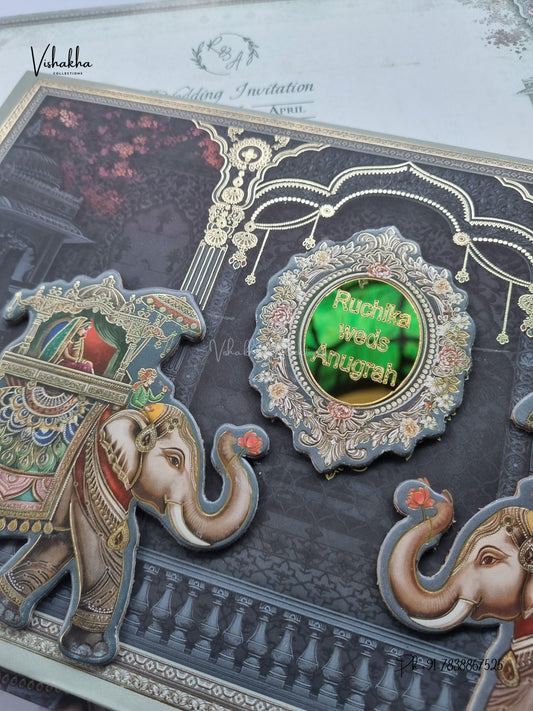 Semi Box Acrylic Hathi Dulah Dulhan Raj Mahal Hindu Sikh Jain invitation Cards CR-8003 – image 2