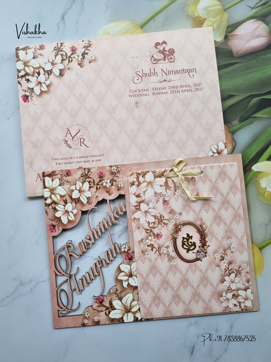 Laser Cut Acrylic Ribbon Ganesh Ji Flower Hindu Jain invitation Cards CR-8014 – image 1
