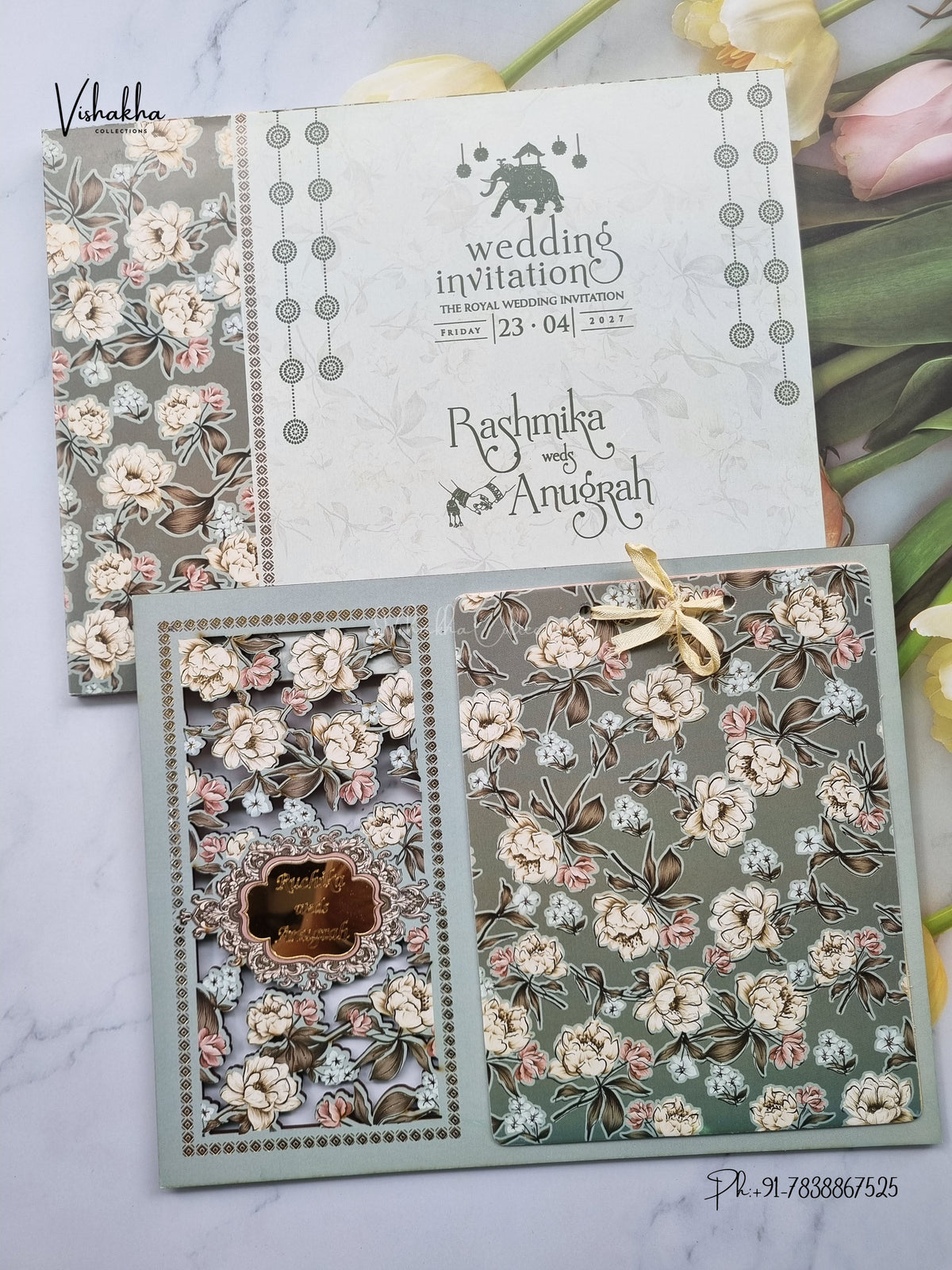 Laser Cut Acrylic Ribbon Flower Hindu Muslim Christian Sikh Jain invitation Cards CR-8015 – image 1