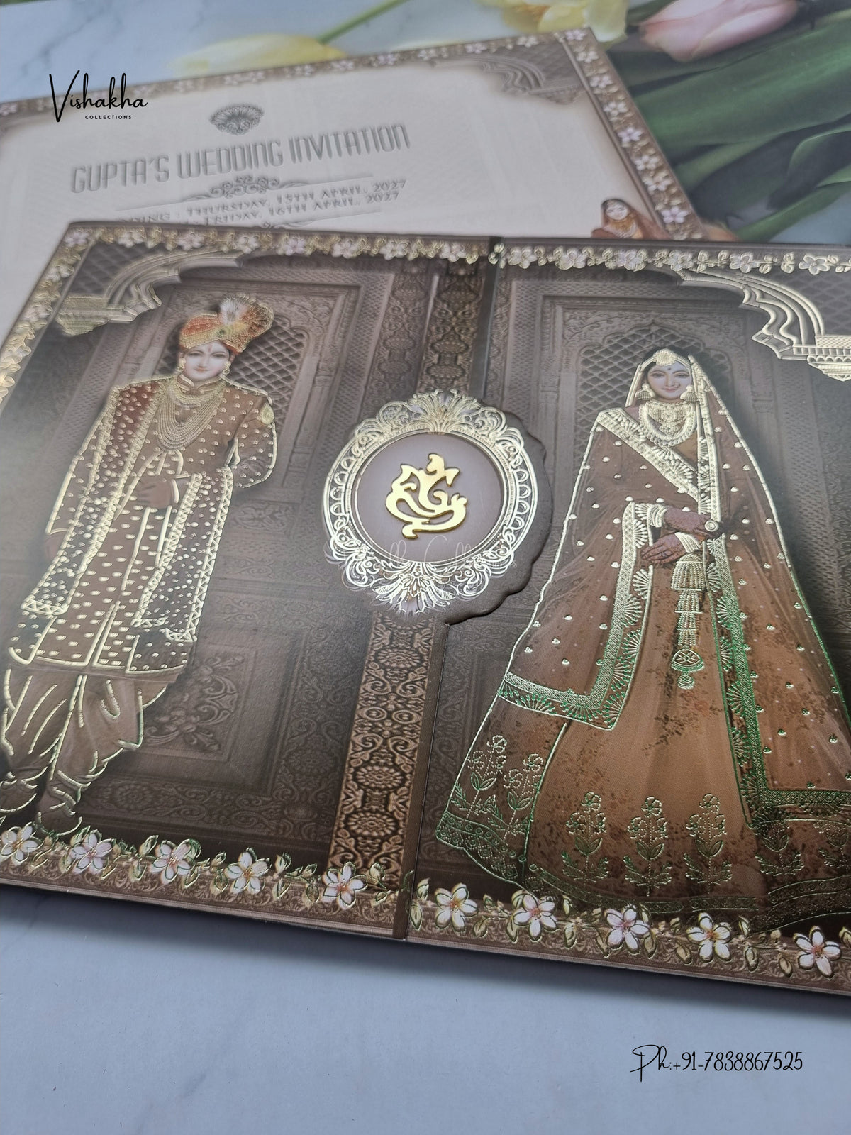 Double Door Ganesh Ji Dulah Dulhan Royal Door Hindu Jain invitation Cards CR-8032 – image 2
