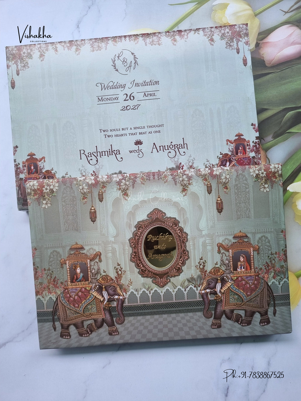 Semi Box Acrylic Hathi Dulah Dulhan Raj Mahal Hindu Sikh Jain invitation Cards CR-8051 – image 1